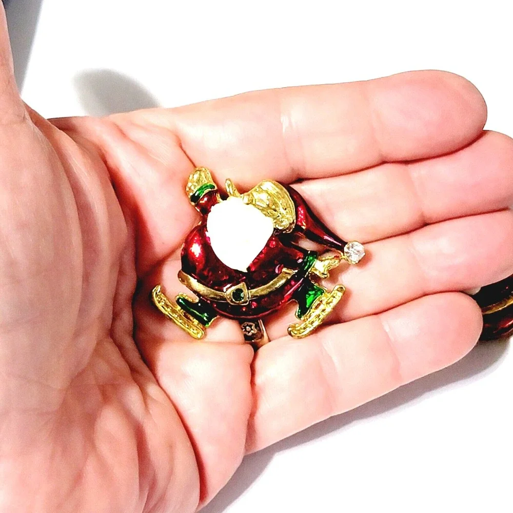 Vintage Red Santa Claus Brooch Pin Enamel Rhinestone Skating Christmas Holiday